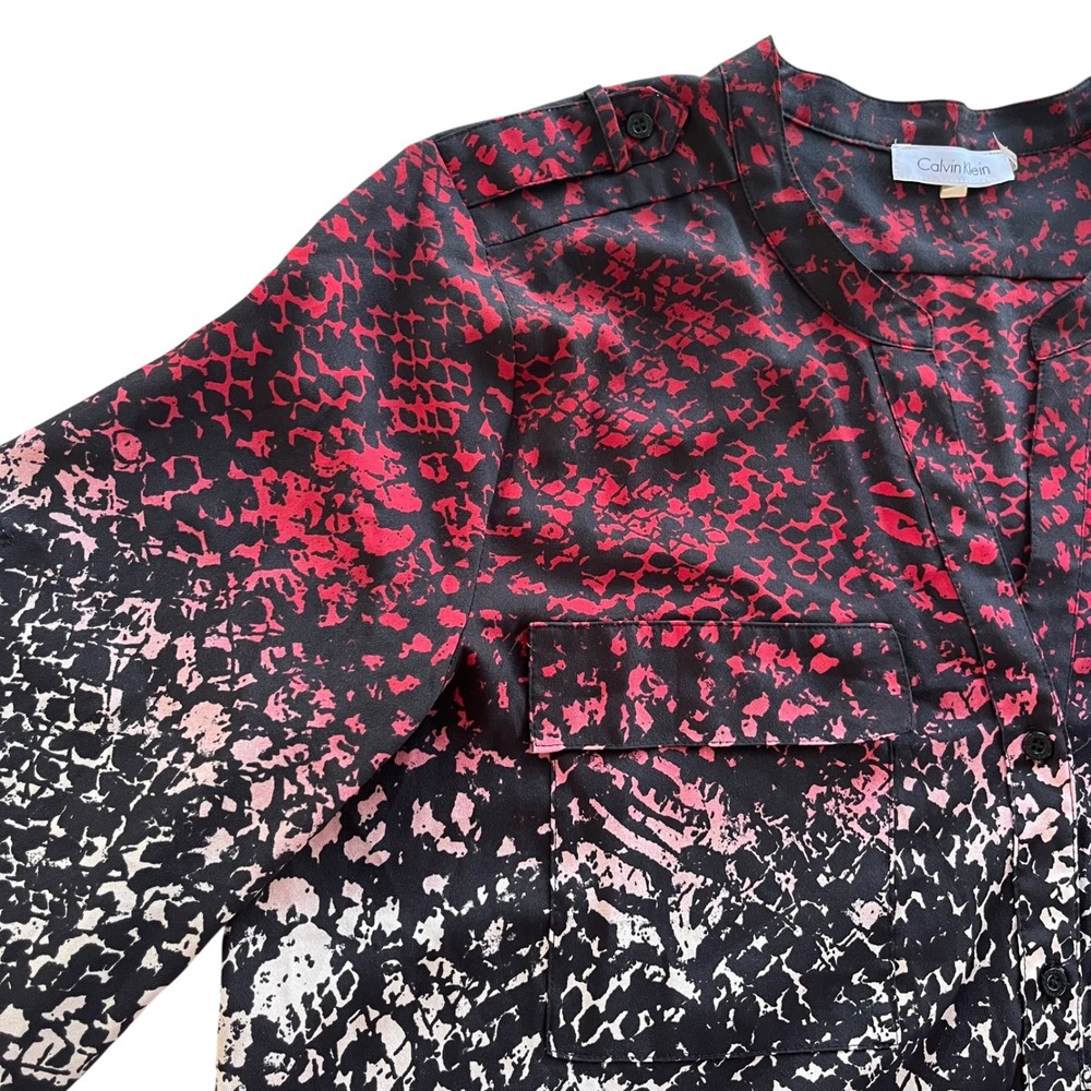 Calvin Klein Women XL Red Black Snakeskin Print Roll Tab Sleeve Button Front Top - Picture 8 of 16
